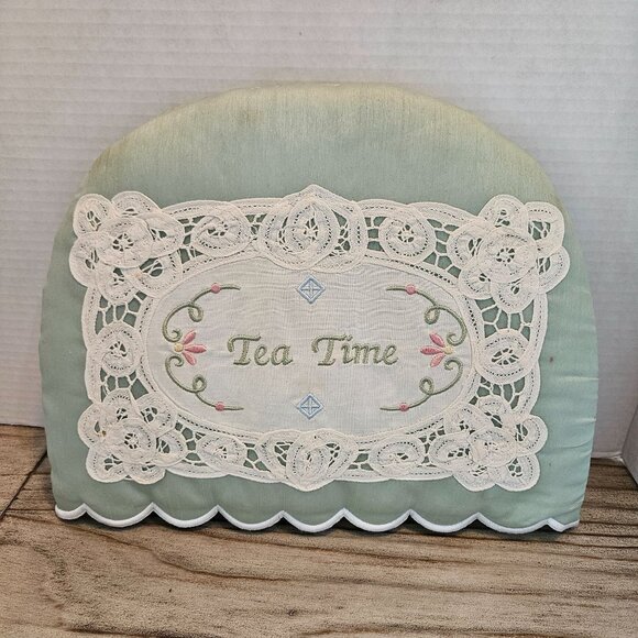 Vintage Tea Cozy Embroidered Lace Green Fabric "Tea Time" From 2003 - Picture 2 of 9
